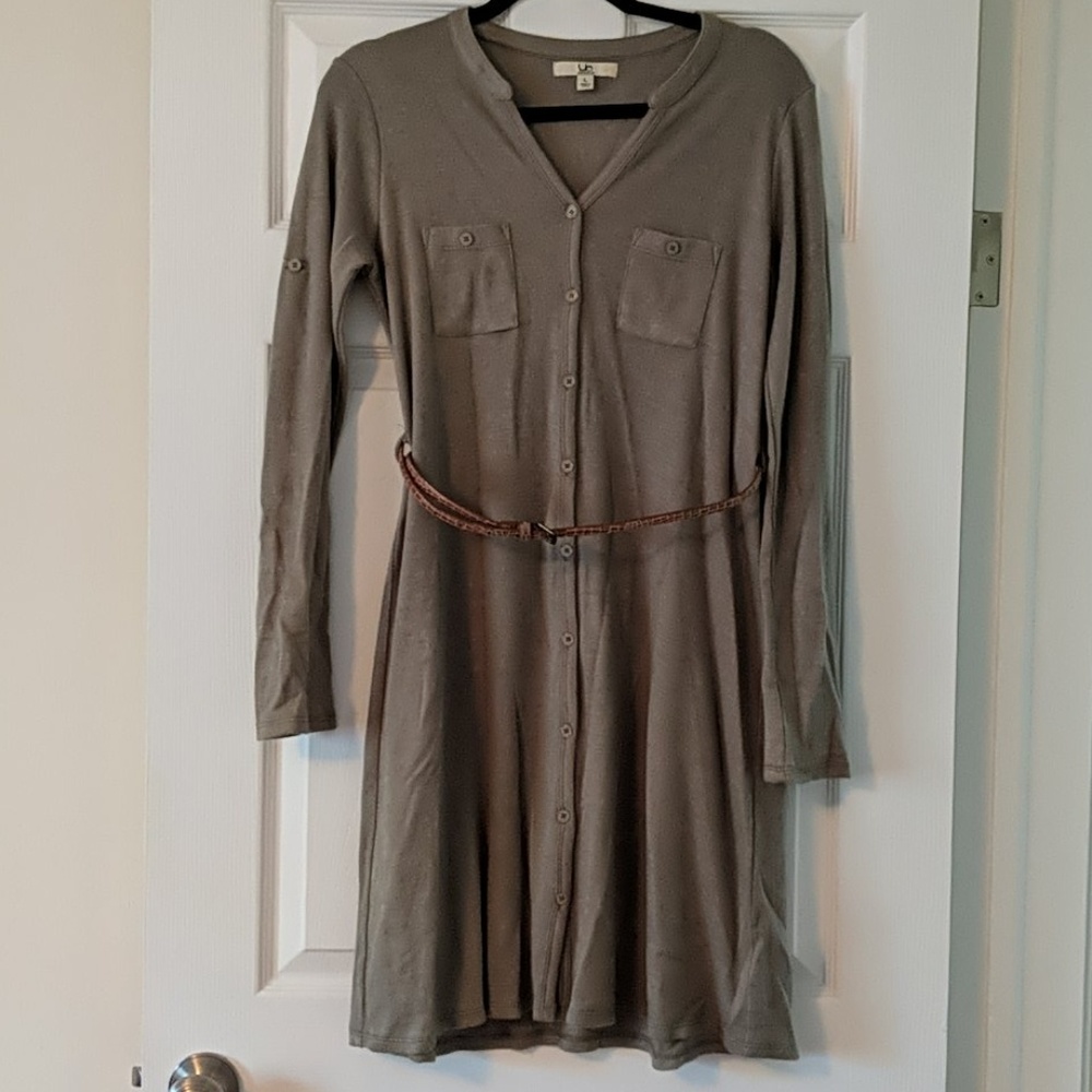 Olive green belted sweater dress